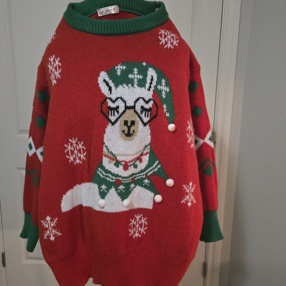 Holiday Red Llama Sweater with Green Accents